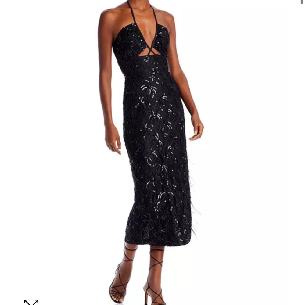 Black sequin and feather embellished dress